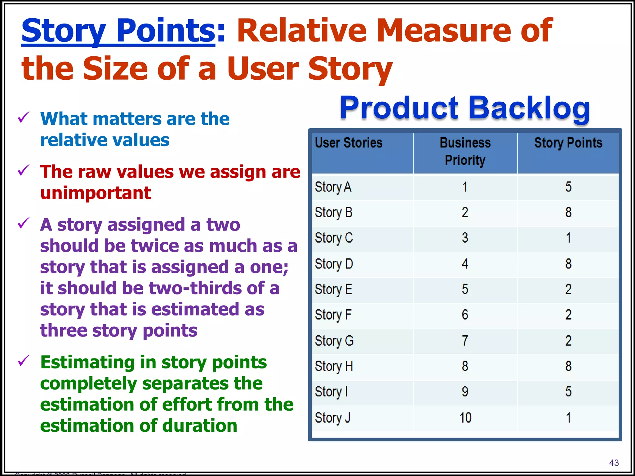 Story Points: Relative Measure of
the Size of a User Story
 What matters are the Product Backlog
  relative values
 The raw values we assign are
  unimportant
 A story assigned a two
  should be twice as much as a
  story that is assigned a one;
  it should be two-thirds of a
  story that is estimated as
  three story points
 Estimating in story points
  completely separates the
  estimation of effort from the
  estimation of duration
                                         43
 