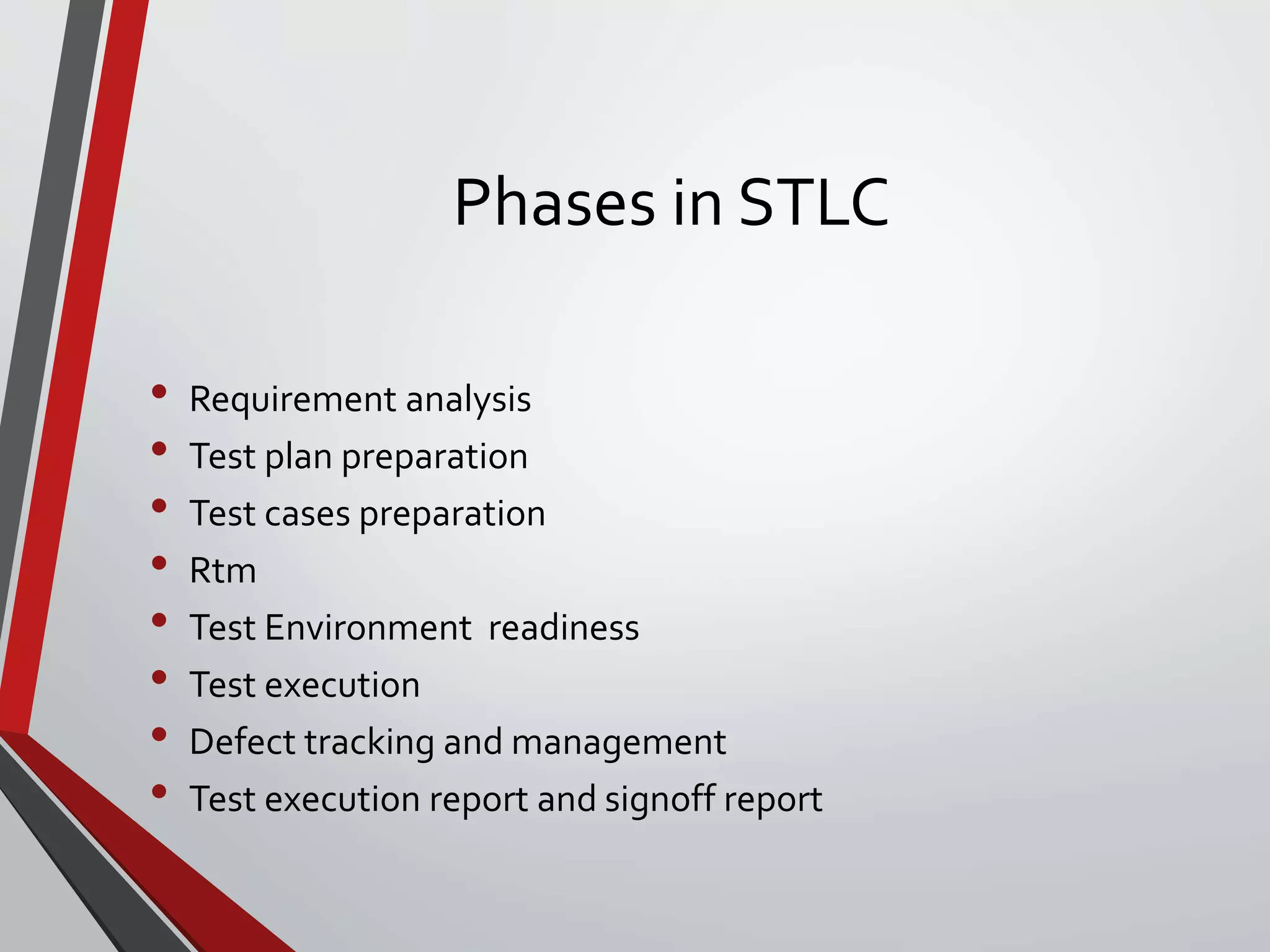 Phases in STLC
• Requirement analysis
• Test plan preparation
• Test cases preparation
• Rtm
• Test Environment readiness
• Test execution
• Defect tracking and management
• Test execution report and signoff report
 