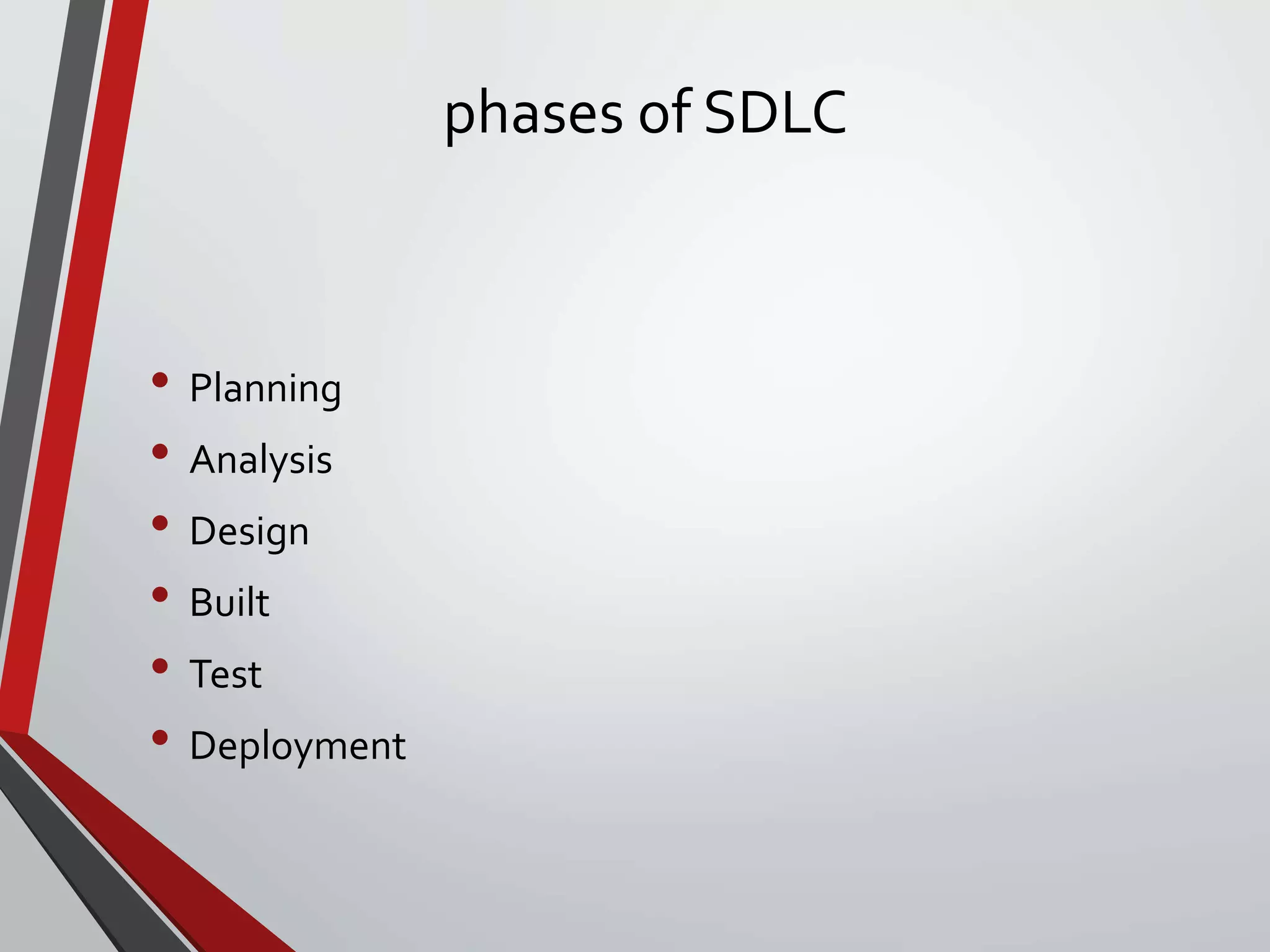 phases of SDLC
• Planning
• Analysis
• Design
• Built
• Test
• Deployment
 