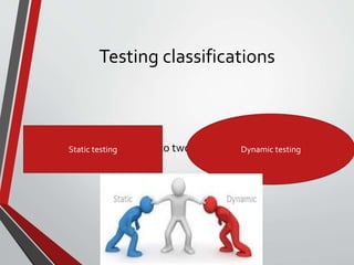 Testing classifications
• Testing is classified in to twoStatic testing Dynamic testing
 