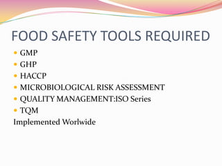 FOOD SAFETY TOOLS REQUIREDGMPGHPHACCPMICROBIOLOGICAL RISK ASSESSMENTQUALITY MANAGEMENT:ISO SeriesTQMImplemented Worlwide