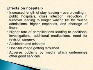 Effects on hospital: Increased length of stay leading – overcrowding in
public hospitals, cross infection, reduction in
turnover leading to longer waiting list for routine
admissions, higher expenses, and shortage of
linen.
 Higher rate of complications leading to additional
investigations, additional medications, need for
revision surgery.
 Accidents and mishaps
 Hospital image getting tarnished
 Adverse publicity by media which undermines
other good services.

 