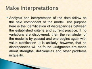 

Analysis and interpretation of the data follow as
the next component of the model. The purpose
here is the identification of discrepancies between
the established criteria and current practice. If no
variations are discovered, then the remainder of
the model is by passed and one begins again with
value clarification .It is unlikely, however, that no
discrepancies will be found. Judgments are made
about strengths, deficiencies and other problems
in quality.

 