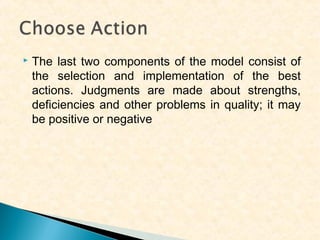 

The last two components of the model consist of
the selection and implementation of the best
actions. Judgments are made about strengths,
deficiencies and other problems in quality; it may
be positive or negative

 