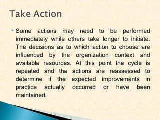 

Some actions may need to be performed
immediately while others take longer to initiate.
The decisions as to which action to choose are
influenced by the organization context and
available resources. At this point the cycle is
repeated and the actions are reassessed to
determine if the expected improvements in
practice actually occurred or have been
maintained.

 