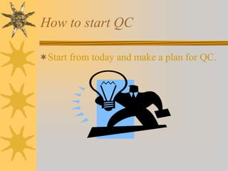 How to start QC
Start from today and make a plan for QC.
 