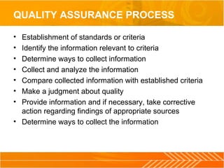 QUALITY ASSURANCE PROCESS
• Establishment of standards or criteria
• Identify the information relevant to criteria
• Determine ways to collect information
• Collect and analyze the information
• Compare collected information with established criteria
• Make a judgment about quality
• Provide information and if necessary, take corrective
action regarding findings of appropriate sources
• Determine ways to collect the information
 