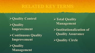 RELATED KEY TERMS
Quality Control
Quality
Improvement
Continuous Quality
Improvement
Quality
Management
Total Quality
Management
Institutionalization of
Quality Assurance
Quality Circle
 