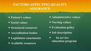 FACTORS AFFECTING QUALITY
ASSURANCE
 Patient’s values
 Social values
 Structural resources
 Accreditation bodies
 Legislature enactments
 Available resources
 Administrative values
 Nursing values
 Evaluation policy
 Job description
 In service
education program
 