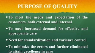 PURPOSE OF QUALITY
To meet the needs and expectation of the
customers, both external and internal
To meet increased demand for effective and
appropriate care
Need for standardization and variance control
To minimize the errors and further eliminated
to attain excellence in care
 