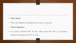 • Flow charts:
• These are diagrams that represent the steps in a process.
• Pareto diagrams :
• It is used to illustrate 80/ 20 rule, which states that 80% of all process
variation is produced by 20% of items.
 
