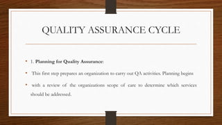 QUALITY ASSURANCE CYCLE
• 1. Planning for Quality Assurance:
• This first step prepares an organization to carry out QA activities. Planning begins
• with a review of the organizations scope of care to determine which services
should be addressed.
 
