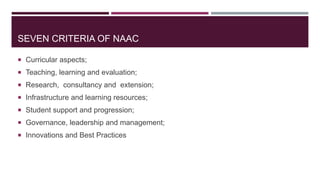 SEVEN CRITERIA OF NAAC
 Curricular aspects;
 Teaching, learning and evaluation;
 Research, consultancy and extension;
 Infrastructure and learning resources;
 Student support and progression;
 Governance, leadership and management;
 Innovations and Best Practices
 