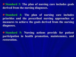 Standard 3: The plan of nursing care includes goals
derived from the nursing diagnoses.
Standard 4: The plan of nursing care includes
priorities and the prescribed nursing approaches or
measures to achieve the goals derived from the nursing
diagnoses.
Standard 5: Nursing actions provide for patient
participation in health promotion, maintenance, and
restoration.
 