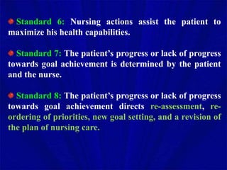 Standard 6: Nursing actions assist the patient to
maximize his health capabilities.
Standard 7: The patient’s progress or lack of progress
towards goal achievement is determined by the patient
and the nurse.
Standard 8: The patient’s progress or lack of progress
towards goal achievement directs re-assessment, re-
ordering of priorities, new goal setting, and a revision of
the plan of nursing care.
 