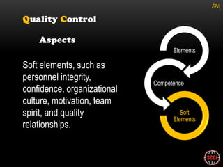 gM




                                   Elements

Soft elements, such as
personnel integrity,
                             Competence
confidence, organizational
culture, motivation, team
spirit, and quality                   Soft
                                   Elements
relationships.
 