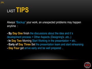 gM


     LAST   TIPS
     Always “Backup” your work, an unexpected problems may happen
     anytime :

     - By Day One finish the discussions about the idea and it`s
     development process + Other Aspects (Designing's ,etc..)
     - In Day Two Morning Start Working in the presentation + etc..
     - Early of Day Three Set the presentation team and start rehearsing
     - Day Four get arrive early and be well prepared ..
 