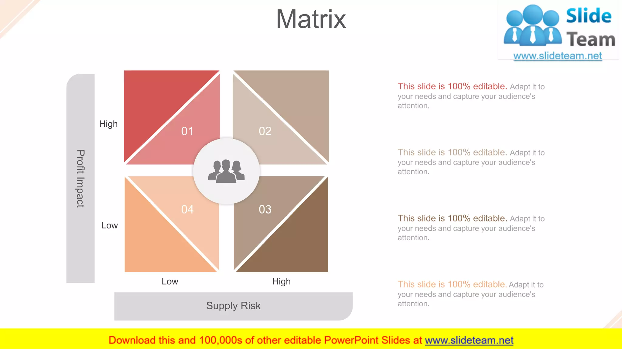 Matrix
54
Low High
Supply Risk
ProfitImpact
High
Low
01 02
0304
This slide is 100% editable. Adapt it to
your needs and capture your audience's
attention.
This slide is 100% editable. Adapt it to
your needs and capture your audience's
attention.
This slide is 100% editable. Adapt it to
your needs and capture your audience's
attention.
This slide is 100% editable. Adapt it to
your needs and capture your audience's
attention.
 