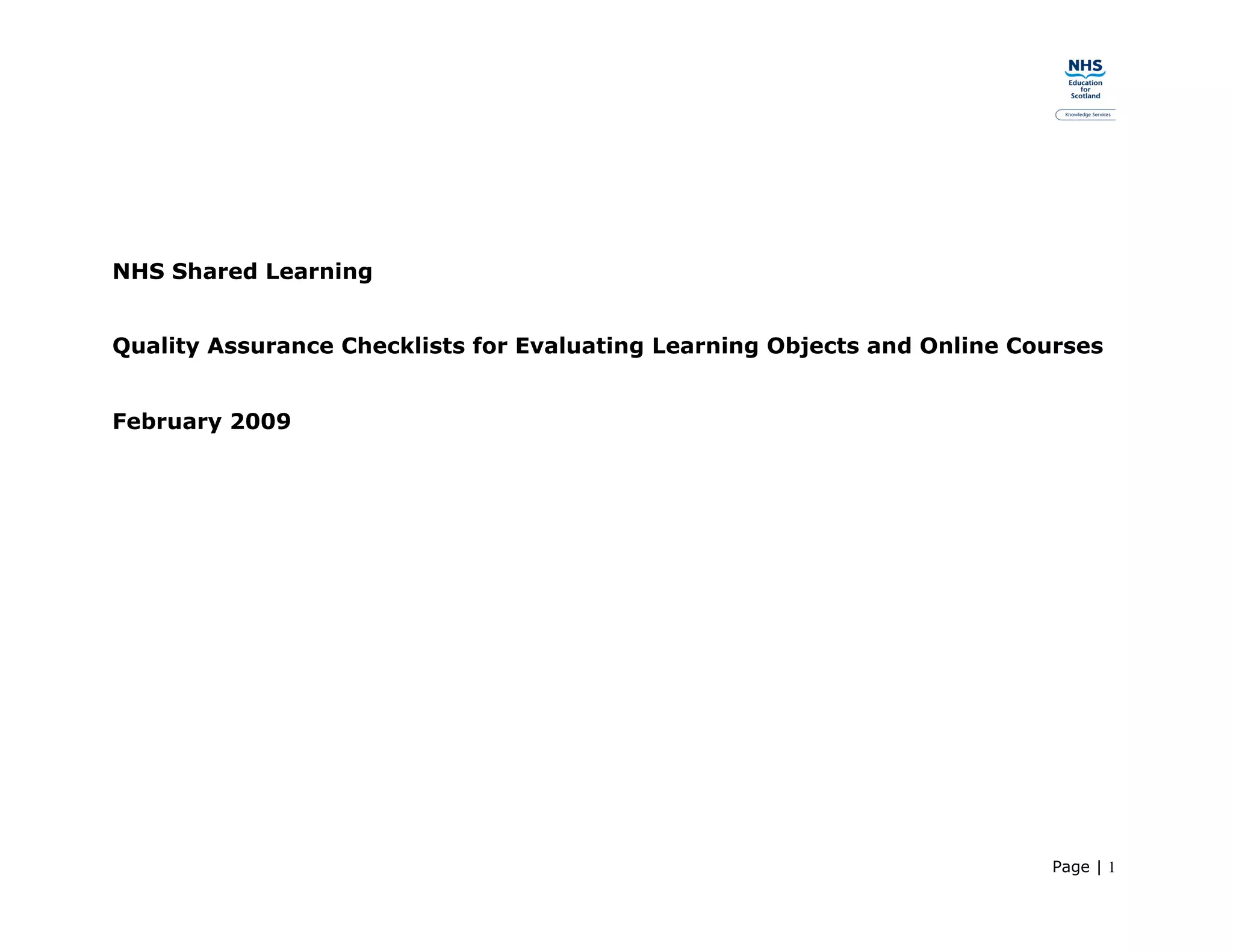 Nhs Shared Learning Quality assurance checklists | PDF