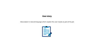 User story
Description in natural language which explain the user needs as part of his job
 