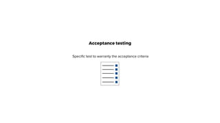 Acceptance testing
Specific test to warranty the acceptance criteria
 