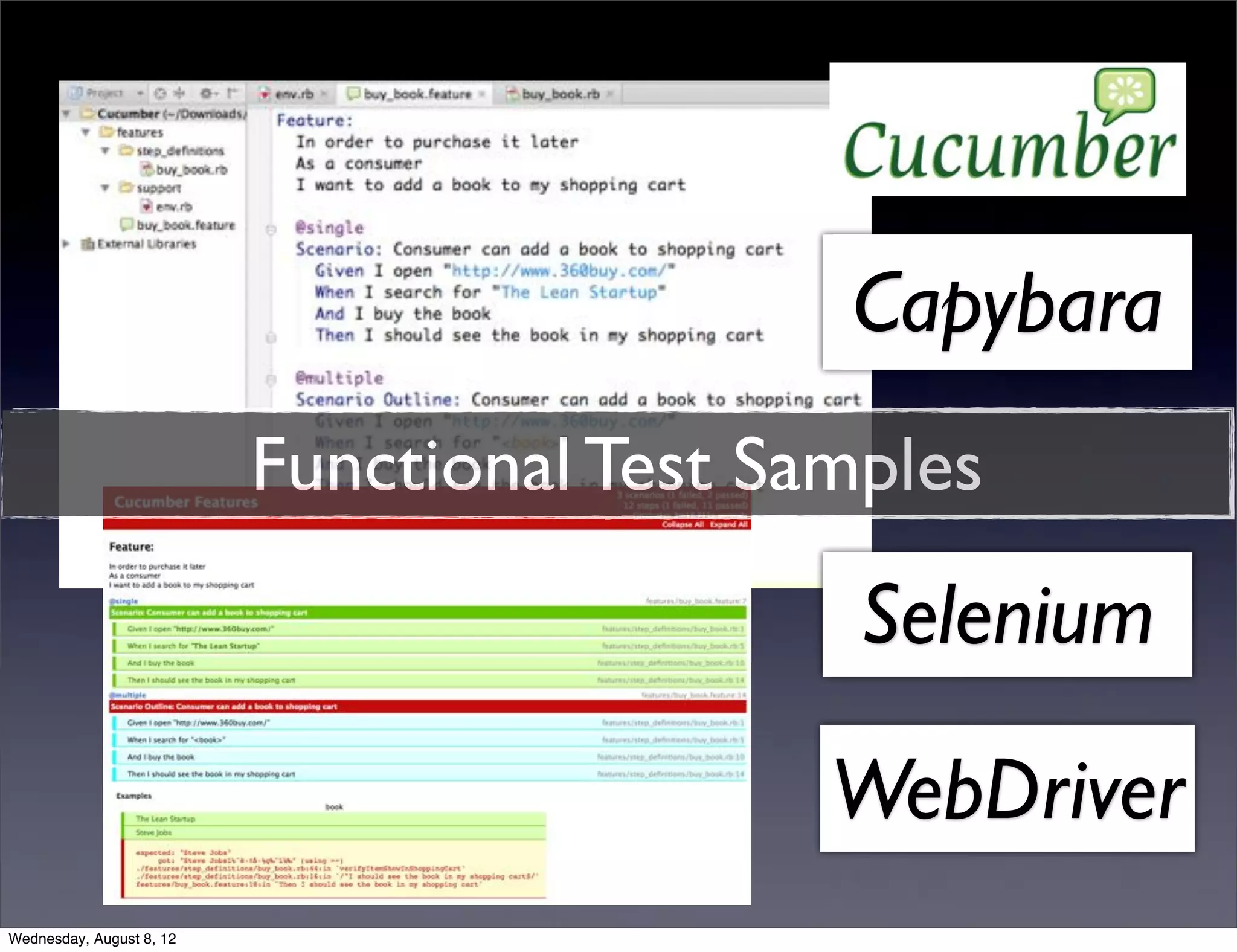 Capybara
                          Functional Test Samples
                                             Selenium

                                            WebDriver
Wednesday, August 8, 12
 