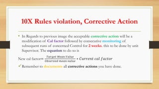 10X Rules violation, Corrective Action
• In Regards to previous image the acceptable corrective action will be a
modification of Cal factor followed by consecutive monitoring of
subsequent runs of concerned Control for 2 weeks. this to be done by unit
Supervisor. The equation to do so is
New cal factor=
𝑇𝑎𝑟𝑔𝑒𝑡 𝑀𝑒𝑎𝑛 𝑉𝑎𝑙𝑢𝑒
𝑂𝑏𝑠𝑒𝑟𝑣𝑒𝑑 𝑚𝑒𝑎𝑛 𝑣𝑎𝑙𝑢𝑒
∗ 𝐶𝑢𝑟𝑟𝑒𝑛𝑡 𝑐𝑎𝑙 𝑓𝑎𝑐𝑡𝑜𝑟
Remember to documents all corrective actions you have done.
 