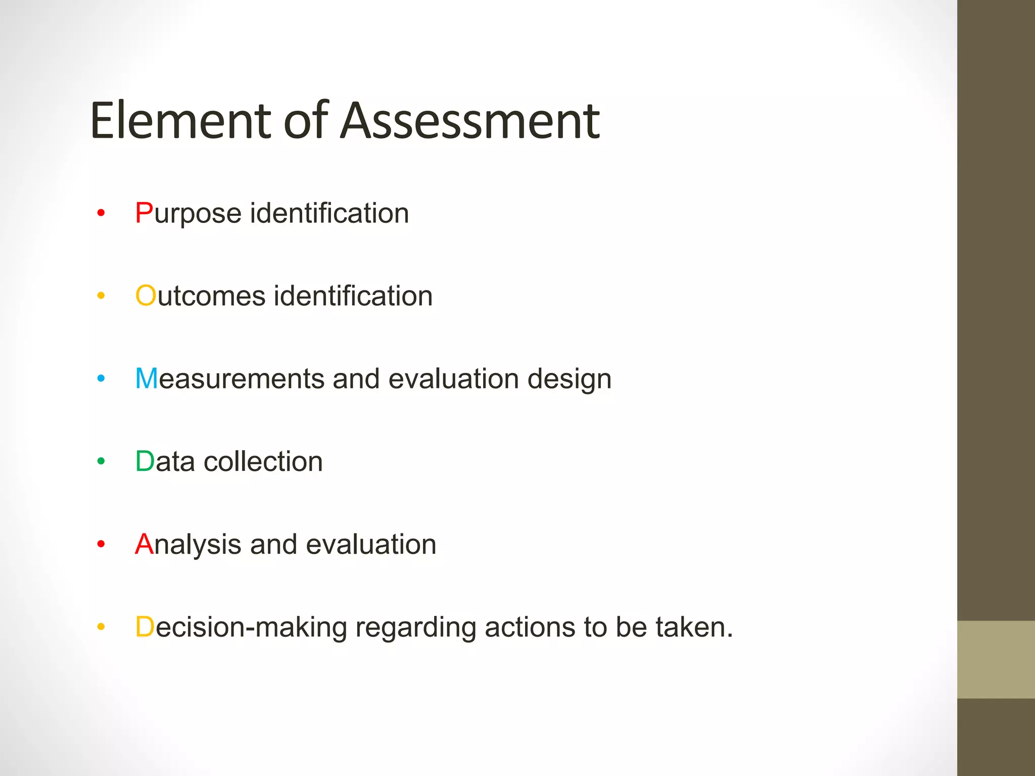 Element of Assessment
• Purpose identification
• Outcomes identification
• Measurements and evaluation design
• Data collection
• Analysis and evaluation
• Decision-making regarding actions to be taken.
 