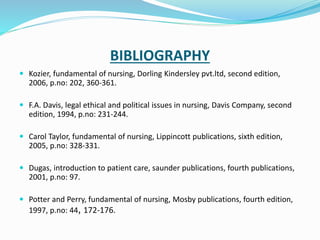 BIBLIOGRAPHY
 Kozier, fundamental of nursing, Dorling Kindersley pvt.ltd, second edition,
2006, p.no: 202, 360-361.
 F.A. Davis, legal ethical and political issues in nursing, Davis Company, second
edition, 1994, p.no: 231-244.
 Carol Taylor, fundamental of nursing, Lippincott publications, sixth edition,
2005, p.no: 328-331.
 Dugas, introduction to patient care, saunder publications, fourth publications,
2001, p.no: 97.
 Potter and Perry, fundamental of nursing, Mosby publications, fourth edition,
1997, p.no: 44, 172-176.
 