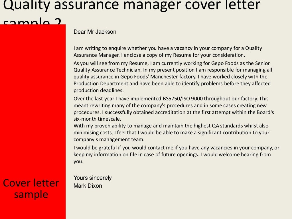 best cover letter for quality manager