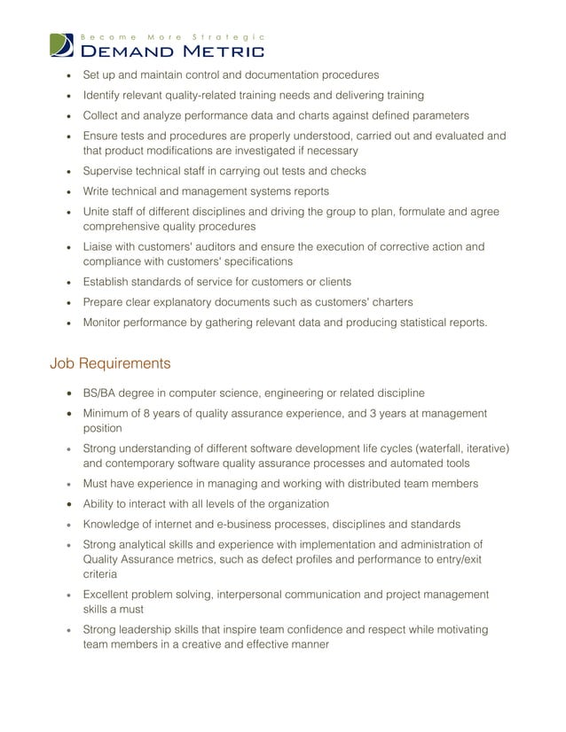 Quality Assurance Manager Job Description