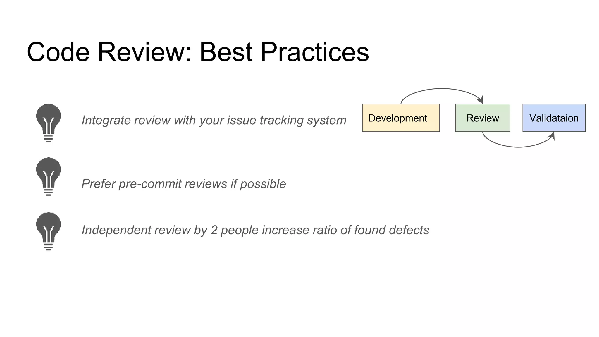 Code Review: Best Practices
Integrate review with your issue tracking system
Independent review by 2 people increase ratio of found defects
Prefer pre-commit reviews if possible
Development Review Validataion
 