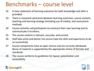 22 A clear statement of learning outcomes for both knowledge and skills is
provided.
23 There is reasoned coherence betwee...