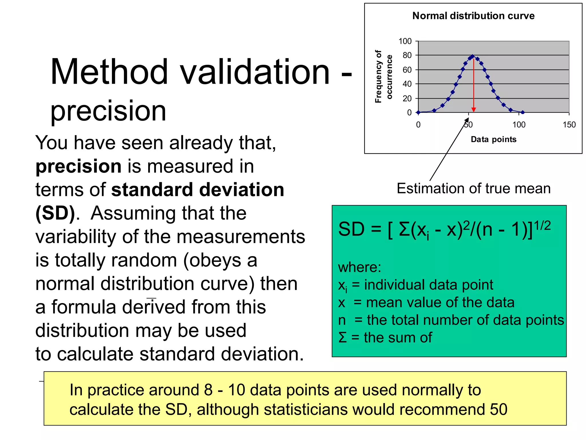 Method validation -
precision
You have seen already that,
precision is measured in
terms of standard deviation
(SD). Assuming that the
variability of the measurements
is totally random (obeys a
normal distribution curve) then
a formula derived from this
distribution may be used
to calculate standard deviation.
SD = [ Σ(xi - x)2/(n - 1)]1/2
where:
xi = individual data point
x = mean value of the data
n = the total number of data points
Σ = the sum of
Normal distribution curve
0
20
40
60
80
100
0 50 100 150
Data points
Frequency
of
occurrence
Estimation of true mean
In practice around 8 - 10 data points are used normally to
calculate the SD, although statisticians would recommend 50
 