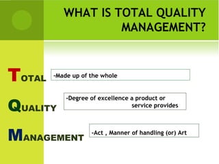 WHAT IS TOTAL QUALITY
MANAGEMENT?
TOTAL
QUALITY
MANAGEMENT
-Made up of the whole
-Act , Manner of handling (or) Art
-Degree of excellence a product or
service provides
 