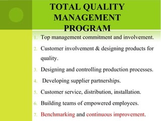 TOTAL QUALITY
MANAGEMENT
PROGRAM
1. Top management commitment and involvement.
2. Customer involvement & designing products for
quality.
3. Designing and controlling production processes.
4. Developing supplier partnerships.
5. Customer service, distribution, installation.
6. Building teams of empowered employees.
7. Benchmarking and continuous improvement.
 
