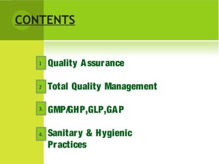 CONTENTS
Quality Assurance
Total Quality Management
GMP/GHP,GLP,GAP
Sanitary & Hygienic
Practices
1.
2.
3.
4.
 