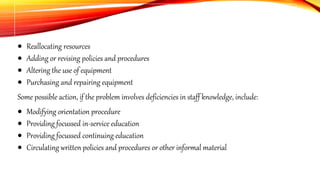  Reallocating resources
 Adding or revising policies and procedures
 Altering the use of equipment
 Purchasing and repairing equipment
Some possible action, if the problem involves deficiencies in staff knowledge, include:
 Modifying orientation procedure
 Providing focussed in-service education
 Providing focussed continuing education
 Circulating written policies and procedures or other informal material
 
