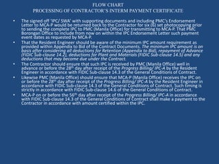 FLOW CHART
PROCESSING OF CONTRACTOR’S INTERM PAYMENT CERTIFICATE
• The signed off ‘IPC/ SWA’ with supporting documents and including PMC’s Endorsement
Letter to MCA-P would be returned back to the Contractor for six (6) set photocopying prior
to sending the complete IPC to PMC (Manila Office) for transmitting to MCA-P. That PMC
Borongan Office to include from now on within the IPC Endorsement Letter such payment
event dates as requested by MCA-P.
• That the Resident Engineer should be aware of the minimum IPC amount requirement as
provided within Appendix to Bid of the Contract Documents. The minimum IPC amount is on
basis after considering all deductions for Retention (Appendix to Bid), repayment of Advance
(FIDIC Sub-clause 14.2), deductions for Plant and Materials (FIDIC Sub-clause 14.5) and any
deductions that may become due under the Contract.
• The Contractor should ensure that such IPC is received by PMC (Manila Office) well in
advance or before the 28th day after receipt of the Progress Billing/ IPC-A by the Resident
Engineer in accordance with FIDIC Sub-clause 14.3 of the General Conditions of Contract.
• Likewise PMC (Manila Office) should ensure that MCA-P (Manila Office) receives the IPC on
or before the 28th day after receipt of the Progress Billing/ IPC-A by the Resident Engineer in
accordance with FIDIC Sub-clause 14.3 of the General Conditions of Contract. Such timing is
strictly in accordance with FIDIC Sub-clause 14.6 of the General Conditions of Contract.
• MCA-P on or before the 56th day after receipt of the Progress Billing/ IPC-A in accordance
with FIDIC Sub-clause 14.3 of the General Conditions of Contract shall make a payment to the
Contractor in accordance with amount certified within the IPC.
 