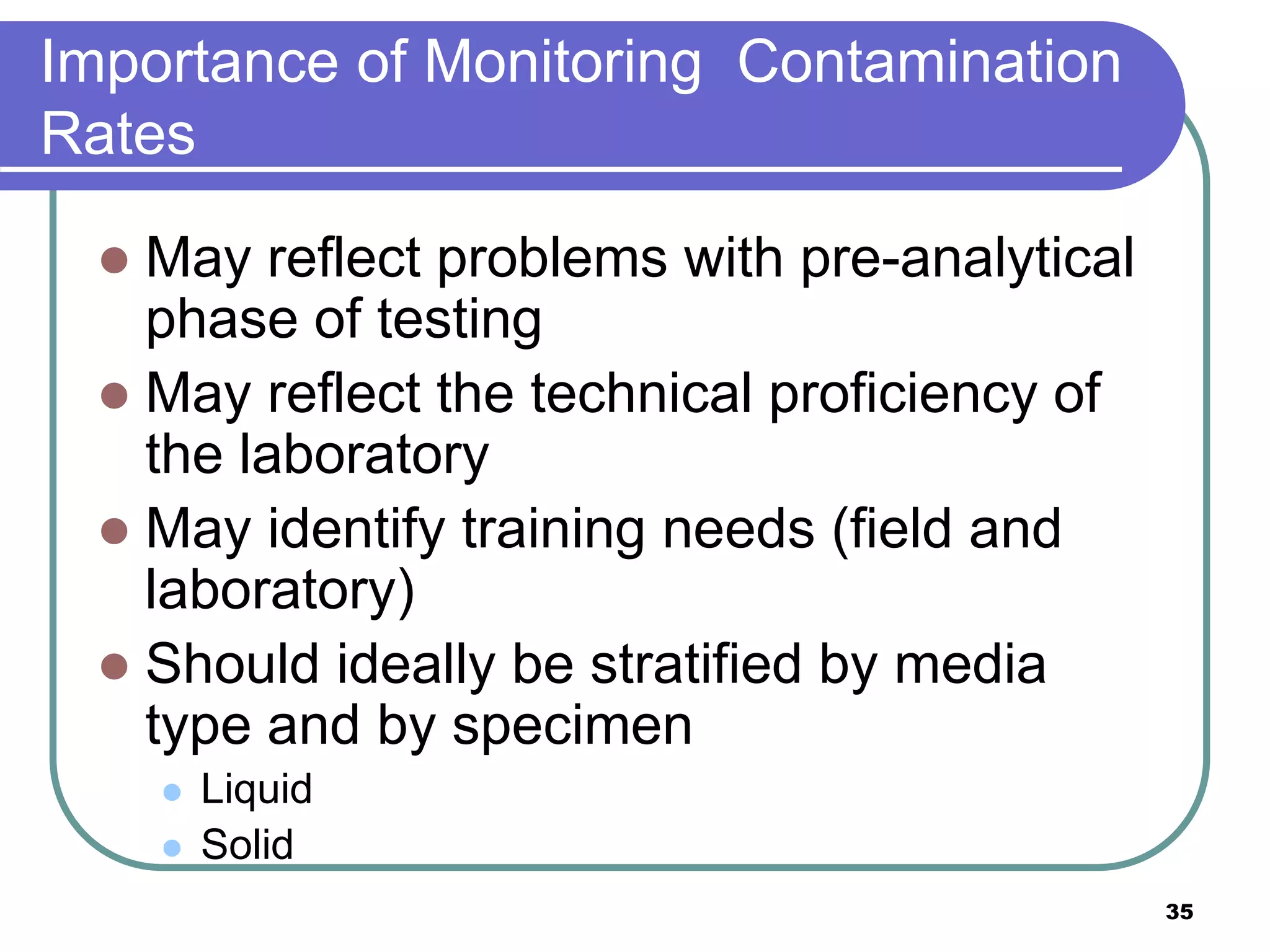 Importance of Monitoring Contamination
Rates
 May reflect problems with pre-analytical
phase of testing
 May reflect the technical proficiency of
the laboratory
 May identify training needs (field and
laboratory)
 Should ideally be stratified by media
type and by specimen
 Liquid
 Solid
35
 