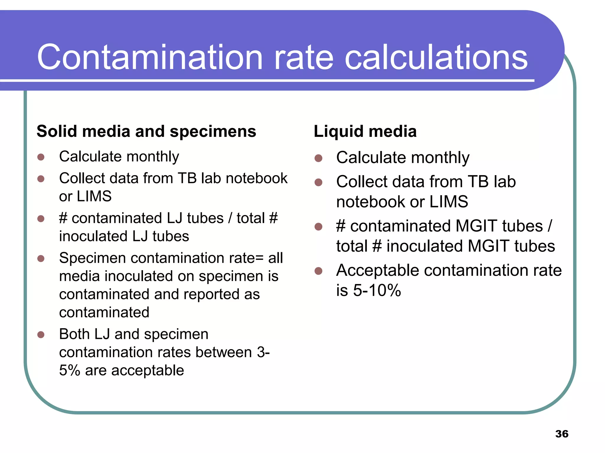 Contamination rate calculations
Solid media and specimens
 Calculate monthly
 Collect data from TB lab notebook
or LIMS
 # contaminated LJ tubes / total #
inoculated LJ tubes
 Specimen contamination rate= all
media inoculated on specimen is
contaminated and reported as
contaminated
 Both LJ and specimen
contamination rates between 3-
5% are acceptable
Liquid media
 Calculate monthly
 Collect data from TB lab
notebook or LIMS
 # contaminated MGIT tubes /
total # inoculated MGIT tubes
 Acceptable contamination rate
is 5-10%
36
 