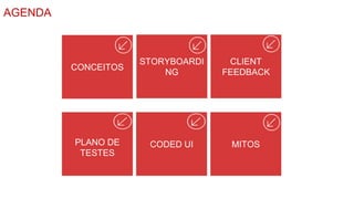 AGENDA



                     STORYBOARDI    CLIENT
         CONCEITOS
                         NG        FEEDBACK




         PLANO DE     CODED UI      MITOS
          TESTES
 