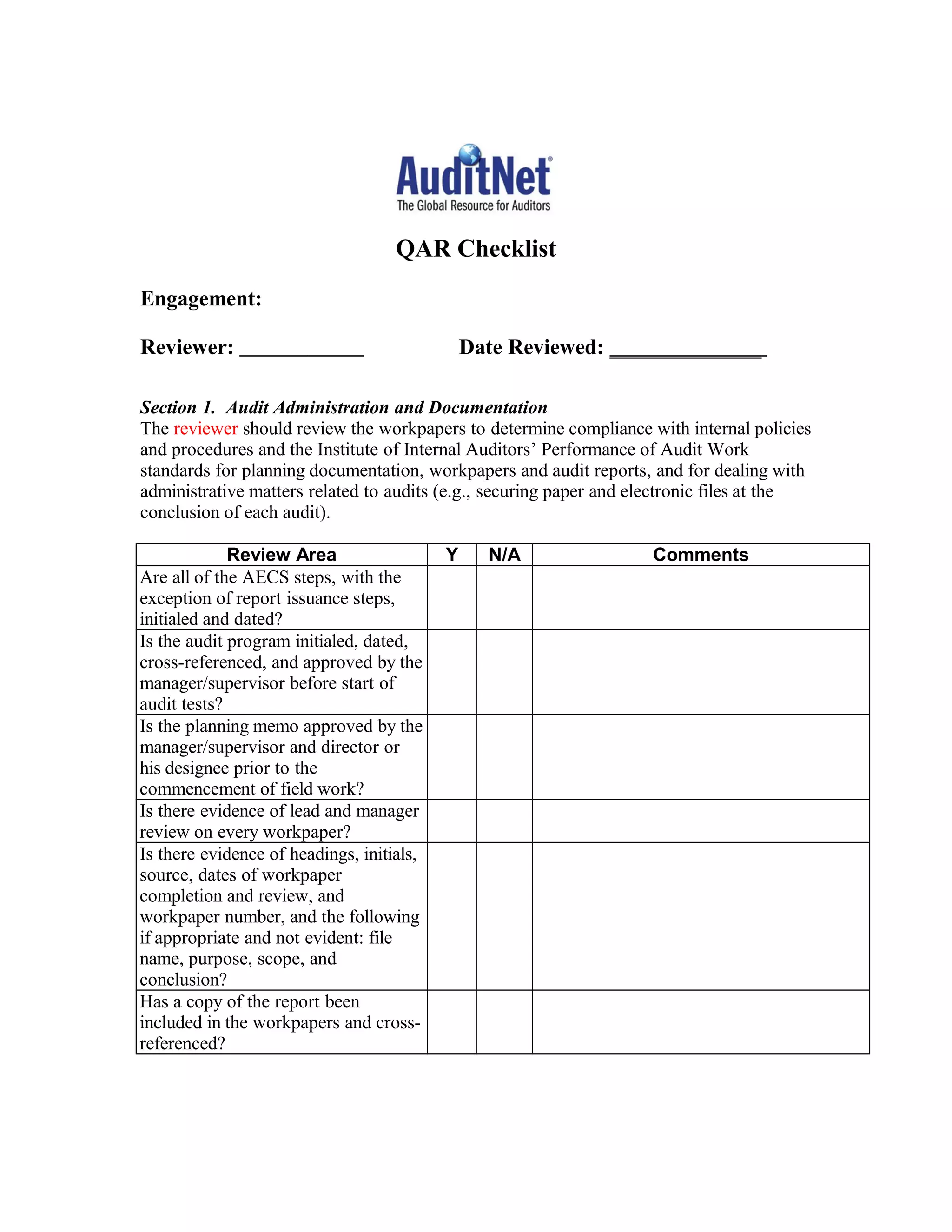 QAR Checklist
Engagement:

Reviewer:                                      Date Reviewed: ______________

Section 1. Audit Administration and Documentation
The reviewer should review the workpapers to determine compliance with internal policies
and procedures and the Institute of Internal Auditors’ Performance of Audit Work
standards for planning documentation, workpapers and audit reports, and for dealing with
administrative matters related to audits (e.g., securing paper and electronic files at the
conclusion of each audit).

             Review Area                   Y     N/A                Comments
Are all of the AECS steps, with the
exception of report issuance steps,
initialed and dated?
Is the audit program initialed, dated,
cross-referenced, and approved by the
manager/supervisor before start of
audit tests?
Is the planning memo approved by the
manager/supervisor and director or
his designee prior to the
commencement of field work?
Is there evidence of lead and manager
review on every workpaper?
Is there evidence of headings, initials,
source, dates of workpaper
completion and review, and
workpaper number, and the following
if appropriate and not evident: file
name, purpose, scope, and
conclusion?
Has a copy of the report been
included in the workpapers and cross-
referenced?
 