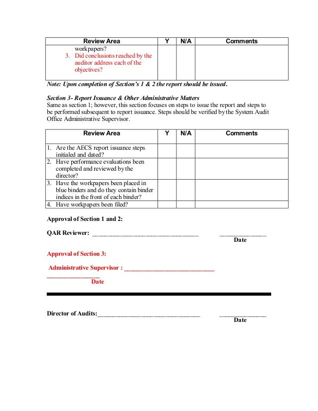 Quality assurance review check list