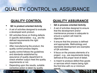 QUALITY CONTROL vs. ASSURANCE

     QUALITY CONTROL                               QUALITY ASSURANCE
                                               •
•   QC is product oriented Activity
                                                   QA is process oriented Activity
                                               •   A set of activities designed to ensure
•   A set of activities designed to evaluate
                                                   that the development and/or
    a developed work product.
                                                   maintenance process is adequate to
•   QC activities focus on finding defects         ensure a system will meet its
    in specific deliverables - e.g., are the       objectives
    defined requirements the right
                                               •   It ensure that the process is defined
    requirements
                                                   and appropriate. Methodology and
•   After manufacturing the product, the           standards development are examples
    quality control process begins.                of QA activities.
•   quality control follows the guidelines     •   It focus on the process elements of a
    and standards established by                   project - e.g., are requirements being
    assurance of quality department to             defined at the proper level of detail.
    check whether output meet the quality
                                               •   is meant to produce defect-free goods
    requirements or not.
                                                   or services which means being right
•   Depending upon the results, suitable           the first time with no or minimum
    corrective action is taken by quality          rework.
    control personals.
 