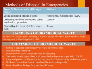 Methods of Disposal In Emergencies
Types Of Pharmaceutical Dosage
Forms
Methods
Solids, semisolid dosage forms High temp. incineration 1200C
Limited quantity of untreated solids,
semi solids, powders
Landfill
Diluted liquids (syrups), intravenous
fluids
Sewer
HANDLING OF BIO MEDICAL WASTE
As per D &C Act and rules, handling & disposal should be done as per Biomedical waste
(Management & Handling) Rules, 1998.
TREATMENT OF BIO MEDICAL WASTE
1. Sorting to separate other category of waste in separate area
2. Pack and store separately
3. Different color codes containers used for disposing
4. Containers should carry labels with prescribed information as per Sch. III & IV
5. Approved process of destruction & keep record of destruction by authorized person
6. Machines etc used for destruction should be sanitized regularly
7. Waste should not be kept for more than 48 hours
 