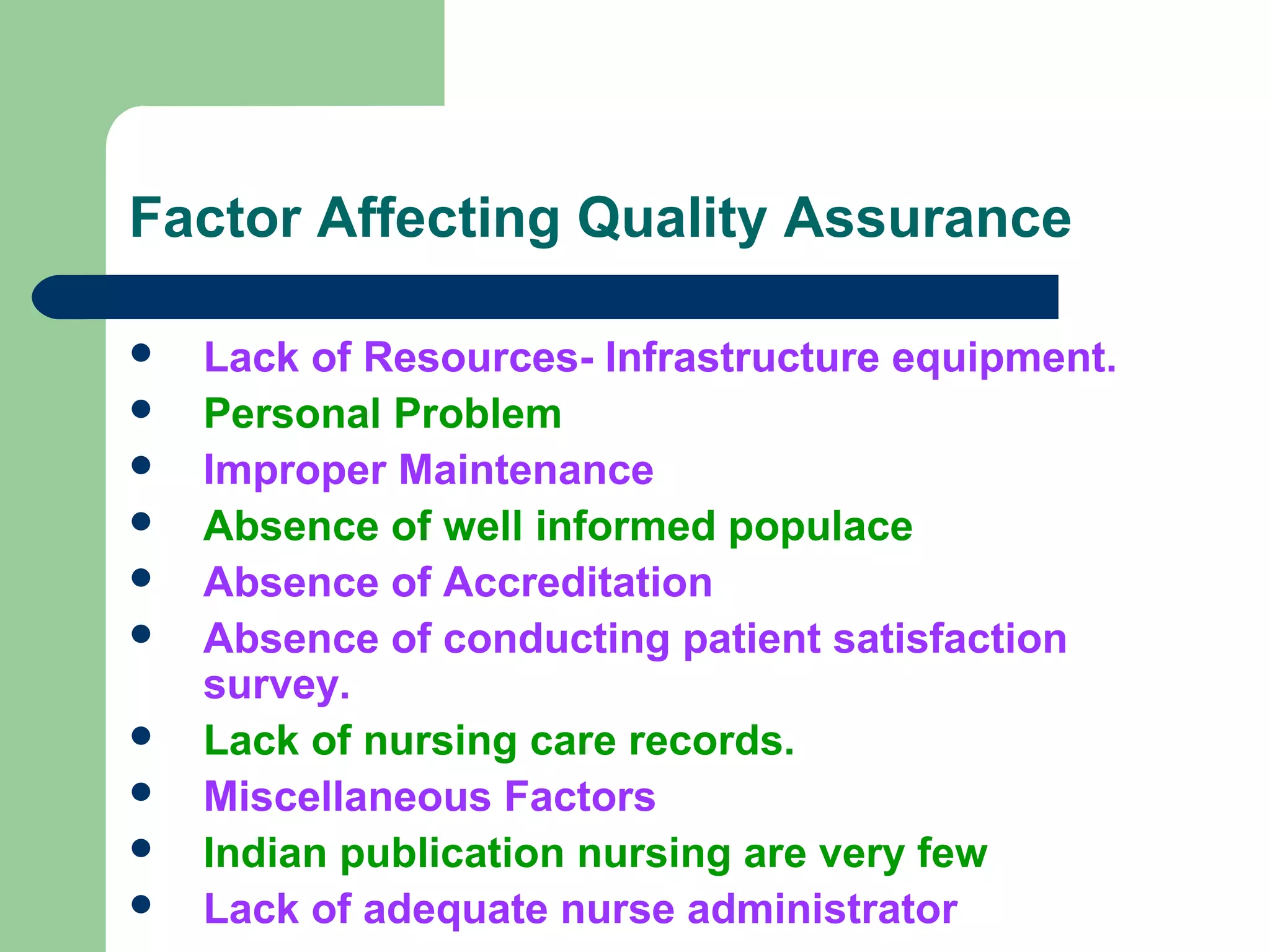 Factor Affecting Quality Assurance
 Lack of Resources- Infrastructure equipment.
 Personal Problem
 Improper Maintenance
 Absence of well informed populace
 Absence of Accreditation
 Absence of conducting patient satisfaction
survey.
 Lack of nursing care records.
 Miscellaneous Factors
 Indian publication nursing are very few
 Lack of adequate nurse administrator
 