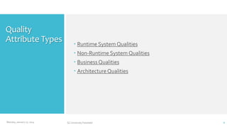 Quality
Attribute Types

 Runtime System Qualities
 Non-Runtime System Qualities
 Business Qualities
 Architecture Qualities

Monday, January 27, 2014

GC University Faisalabd

4

 