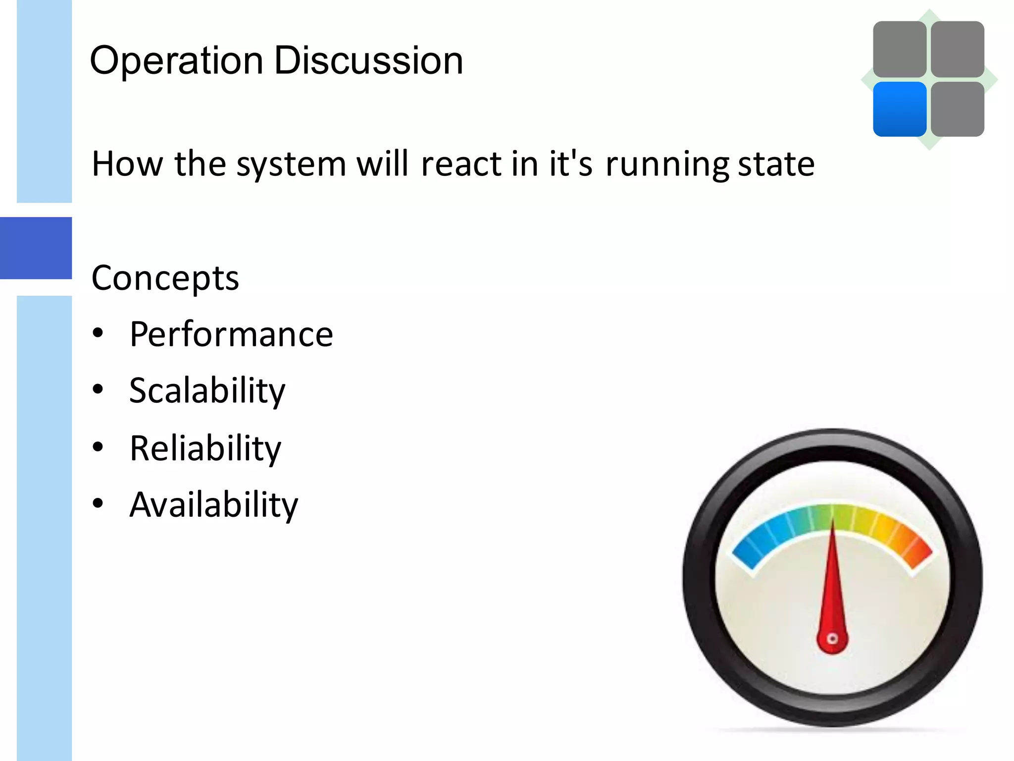 Operation Discussion
How	the	system	will	react	in	it's	running	state
Concepts
• Performance	
• Scalability	
• Reliability	
• Availability	
 