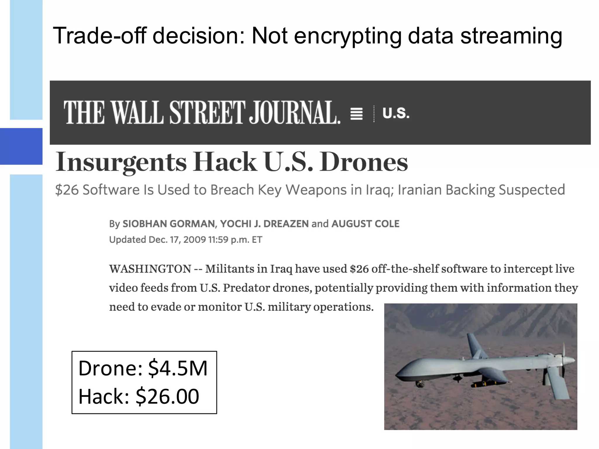 Trade-off decision: Not encrypting data streaming
Drone:	$4.5M
Hack:	$26.00
 